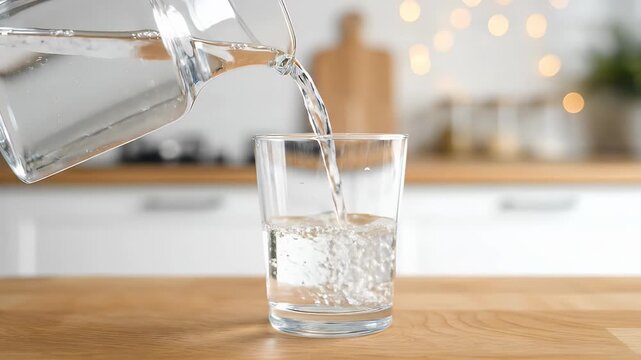 Water pouring from glass pitcher into clear glass on wooden table