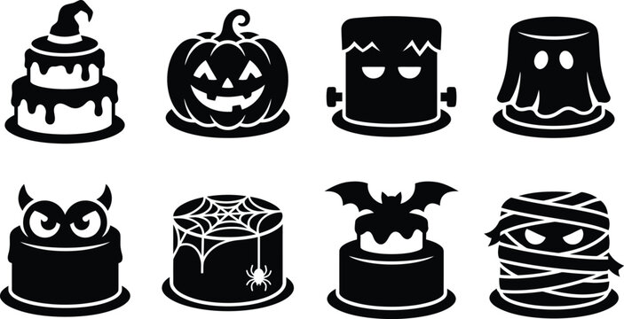 Halloween spooky cake bakery dessert icon set. witch hat tier cake, jack o lantern pumpkin cake, frankenstein monster head cake, draped ghost cake, devil eyes and horns cake, spiderweb layer cake with