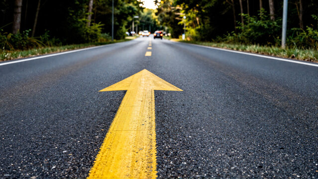 Yellow directional arrow painted on a long asphalt road, symbolizing clear path forward and future journey