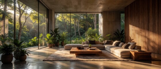 Fototapeta premium Modern living room with large windows overlooking lush forest and comfortable sectional sofa. Use: interior design, real estate listing, nature ret...