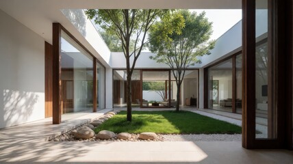 Fototapeta premium Modern courtyard with trees and minimalist furniture, natural light. Use: real estate brochure, architectural design, lifestyle magazine.