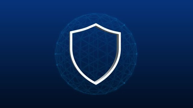 A white shield icon rests on a glowing digital globe. Global cyber defense defines this shield icon presentation. High tech grids frame the central shield icon.