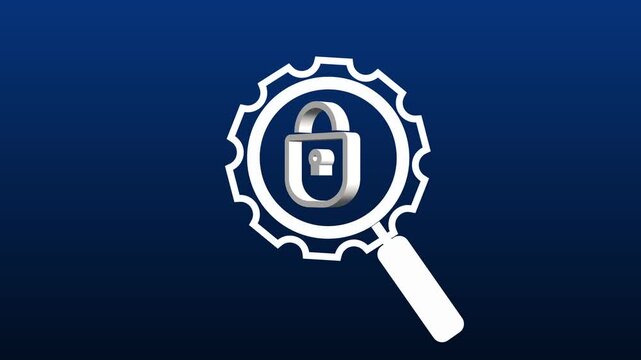 A 3D white padlock sits inside a mechanical gear shape. Security inspection highlights this 3D white padlock visual. Magnifying lens accents the 3D white padlock.