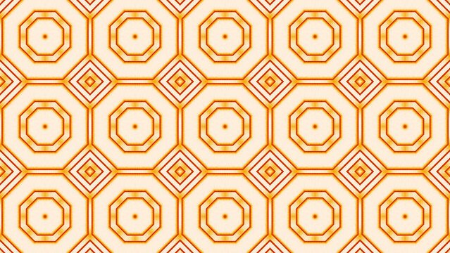 Repeating geometric pattern of orange octagons and diamonds on a light beige background, for seamless wallpaper, or textile surface decoration
