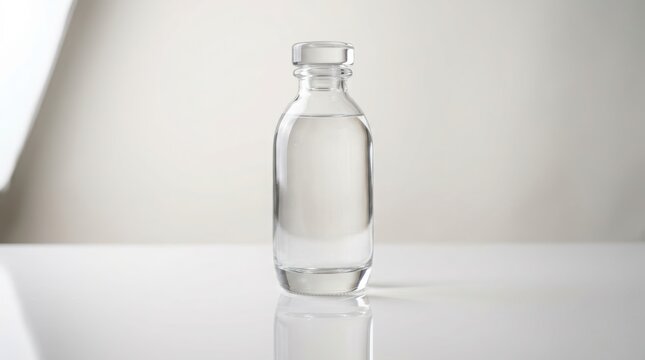 Glass bottle filled with clear liquid laundry starch. Household product for fabric stiffening and garment care. Clean chemical solution for ironing clothes and professional cleaning.