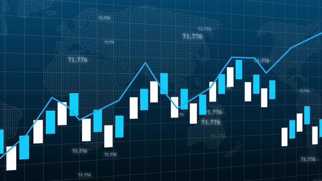 Blue and white candlestick chart rising over a world map grid, showing global market growth, trading activity, finance trends, and business analysis on a dark background.