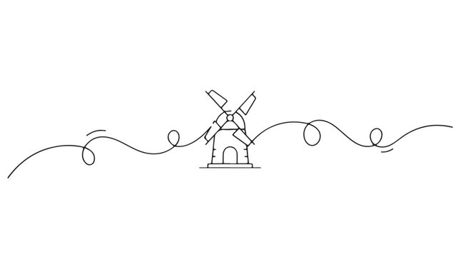 Minimalist windmill continuous line drawing, elegant farm house outline vector, simple rural landscape sketch for organic food branding