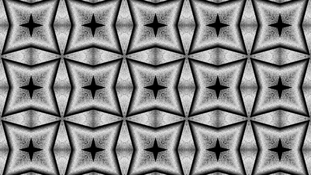 Seamless monochrome geometric pattern featuring repeating four pointed star shapes with textured grayscale surfaces and sharp edges