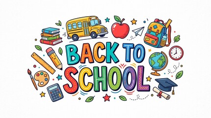 Fototapeta premium Back to school colorful hand drawn illustration. Education supplies and academic icons design.