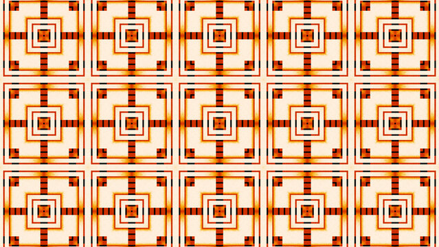 Symmetrical geometric pattern featuring repeating nested square frames in shades of orange and white creating a structured grid background