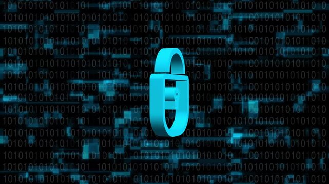 Blue information icon glowing on a dark binary code background, showing digital data, technology, online help, support, security and modern communication.
