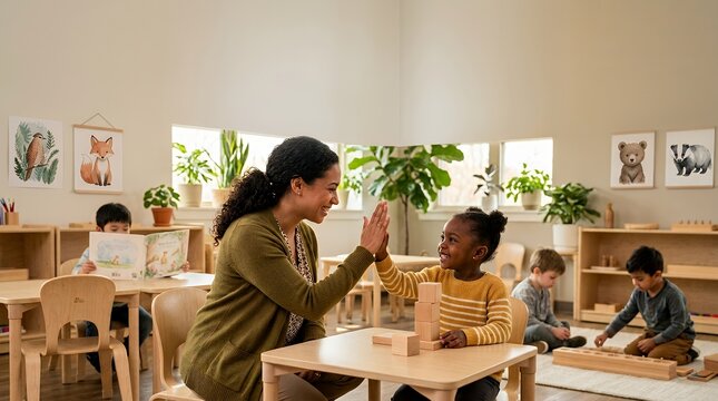 Teacher and young student giving a high five in a bright Montessori classroom.