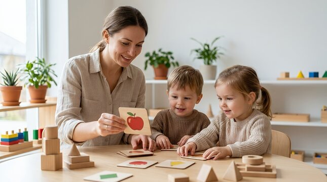 A smiling teacher showing educational flashcards to young children in a bright Montessori classroom.