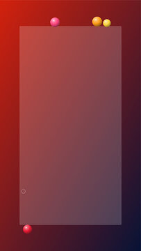 A vertical frosted glass rectangle frame floating against a vibrant red and blue gradient background with small colorful spheres placed around the edges