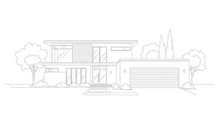 Obraz premium Modern house architectural line drawing exterior view contemporary design