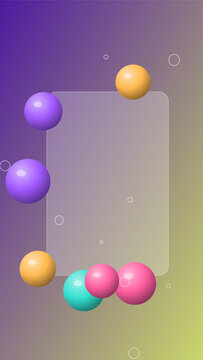 Abstract 3d background featuring a frosted glass rectangle frame surrounded by colorful floating spheres on a soft gradient purple and yellow backdrop