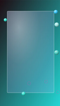Abstract background featuring a vertical frosted glass rectangle frame with floating spheres on a smooth teal and dark blue gradient surface