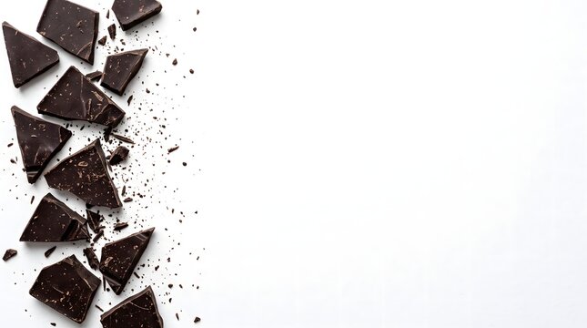 Dark chocolate photography with broken chunks on white background