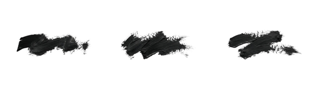 Set of black brush strokes and ink smudge graphics isolated on transparent background, artistic paint smears and grunge brush texture elements, black watercolor vector illustration design collection