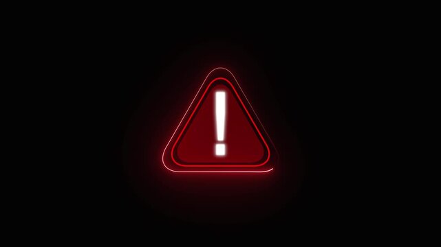 Glowing red warning triangle with a white exclamation mark on a black background, showing danger, alert, emergency, risk and caution in a simple dramatic design.