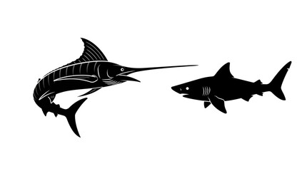 Fototapeta premium Marlin and shark swimming in open water