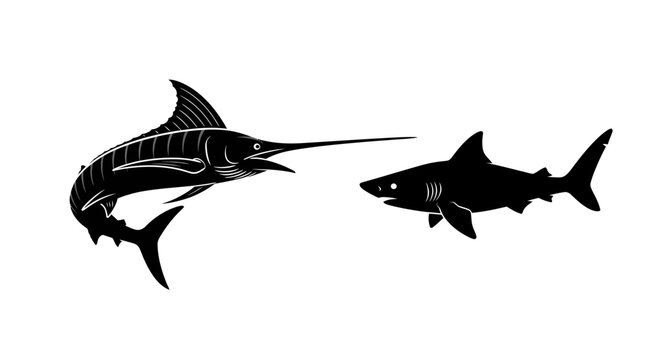 Marlin and shark swimming in open water