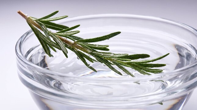 Close up of fresh rosemary sprig floating in glass bowl of water