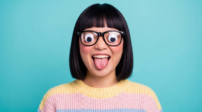 Playful woman wearing googly eye glasses sticking out tongue on teal background