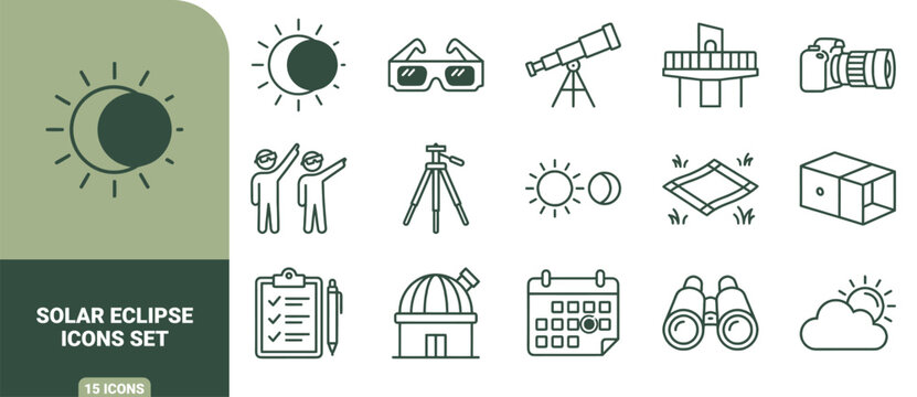 Solar eclipse icons set featuring outline symbols of sun, telescope, protective glasses, camera, observatory and calendar