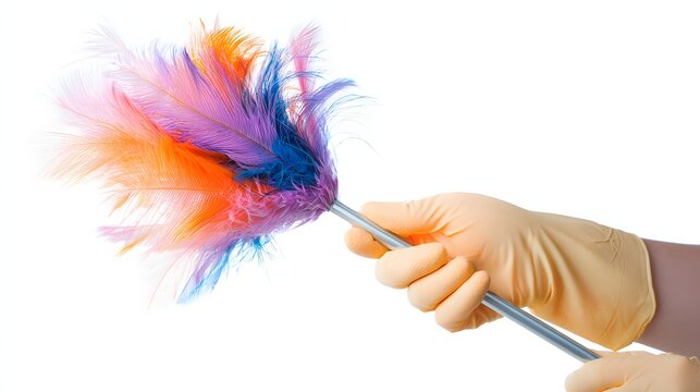 Hand holding colorful feather duster on white background.