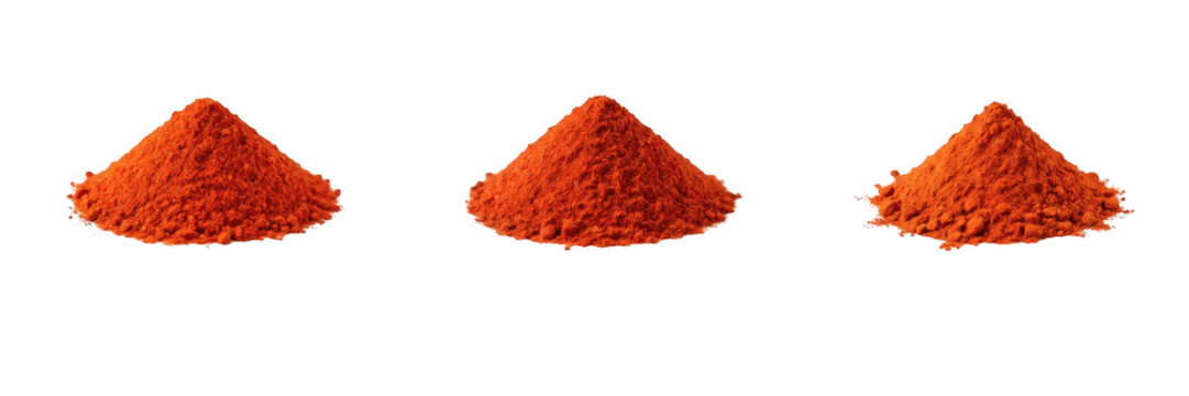 Set of heaps and mounds of red paprika powder isolated on transparent background, ground chili spice piles and aromatic seasoning graphics, red pepper powder vector illustration design collection
