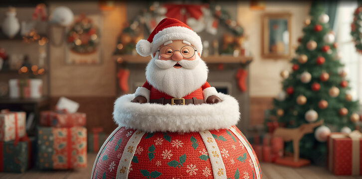 Funny cartoon Santa Claus with a gift bag in the room