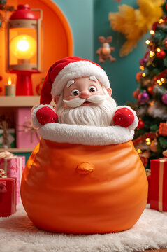 Funny cartoon Santa Claus with a gift bag in the room