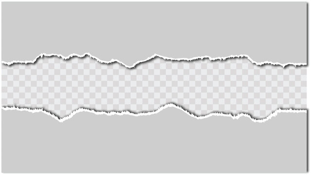Torn paper edges with transparent background realistic vector illustration, with soft shadow are on grey squared background for text. Vector illustration