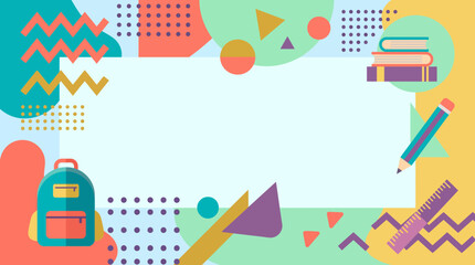 Fototapeta premium Creative Memphis style back to school banner with abstract geometric shapes, patterns, and school icons including a backpack, books, and pencils, providing a fun and modern frame for educational text.