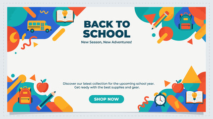 Naklejka premium Abstract back to school promotional banner with vibrant geometric shapes, school bus, apple, books, and alarm clock, featuring a clear call to action button for seasonal sales and educational gear.