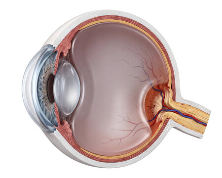 Detailed 3D cross-sectional illustration of glaucoma showing optic nerve cupping and internal eye anatomy isolated on a white background.