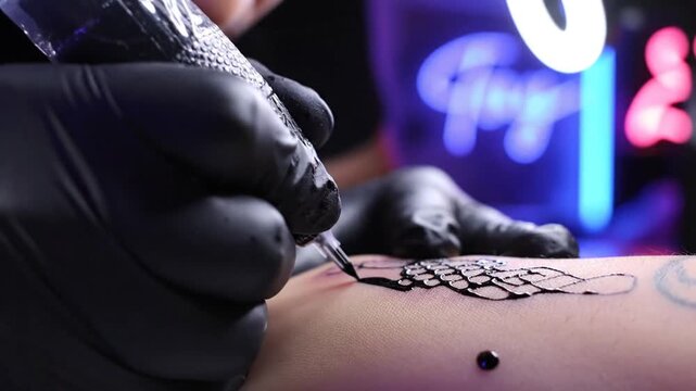 Tattoo artist applying ink design on client's arm with tattoo machine, close-up
