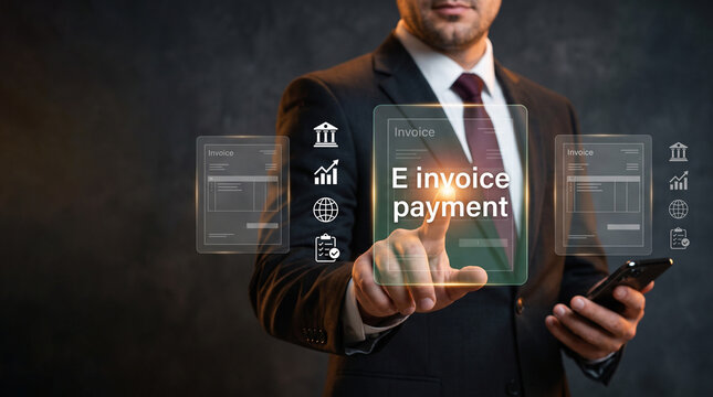 A businessman in suit tapping glowing e invoice payment interface on digital card in dark studio