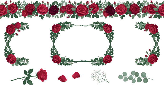 Red Rose Floral Borders and Wreath Frame Vector Set for Wedding Designs