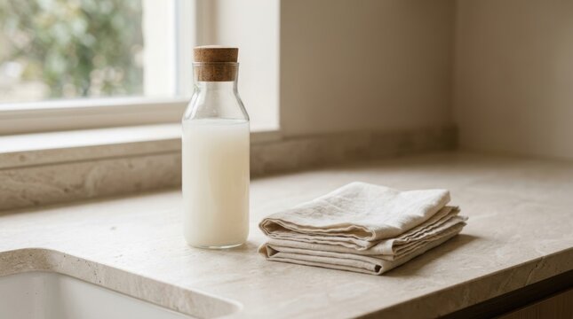 Liquid laundry starch in a glass bottle next to a folded linen cloth on a kitchen counter. Household product for fabric stiffening and garment ironing. Home care and cleaning supply.