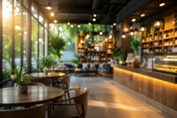 Fototapeta premium Blurred cafe interior background modern coffee shop cozy restaurant lighting wooden furniture plant decoration empty urban bistro atmosphere