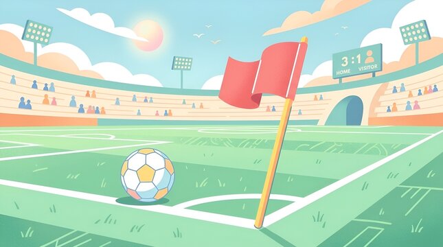 Soccer stadium with corner flag, ball, and scoreboard. Sports illustration.