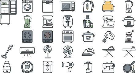 Fototapeta premium Home kitchen appliances flat line icons set featuring refrigerator washing machine microwave toaster and coffee maker for retail website interface commercial graphic design templates