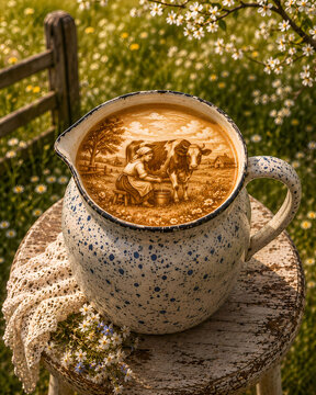 Vintage coffe art of milking a cow in a summer meadow
