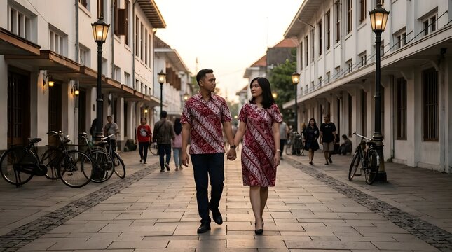 Couple wearing batik walking in historic colonial street.