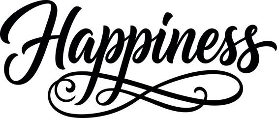 Elegant black ink typography design featuring the word happiness with decorative flourishes isolated on a clean white background surface © Ammbia