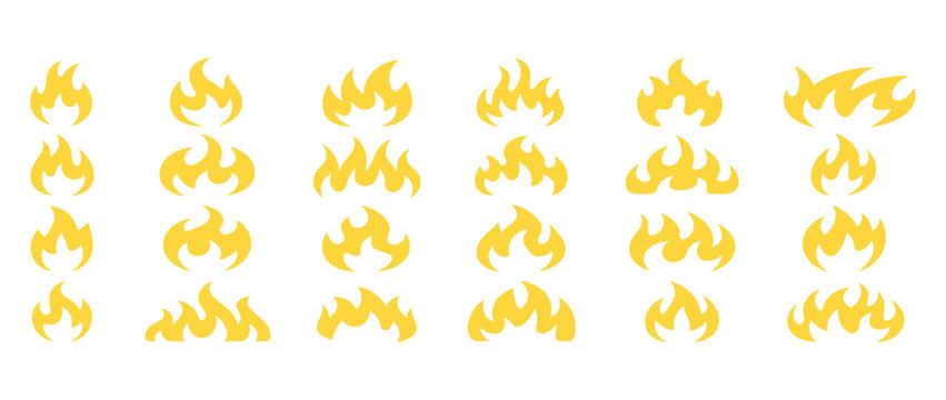 Fire Element Collection: A curated set of stylized flame icons, showcasing diverse shapes and sizes of fire elements, perfect for graphic design and digital applications.