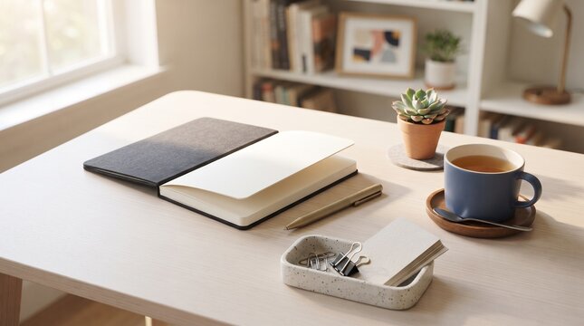 Minimalist remote work desk setup on white table near bright window. Open black hardcover notebook with blank pages, gold pen beside it. Blue ceramic coffee mug with tea on wooden coaster, small potte
