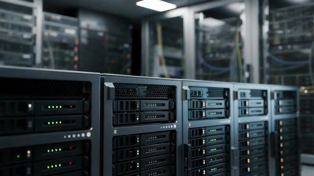 Medium view of object storage units with blinking status LEDs sharply captured surrounding servers and media clusters fading into the background highlighting storage scalability.